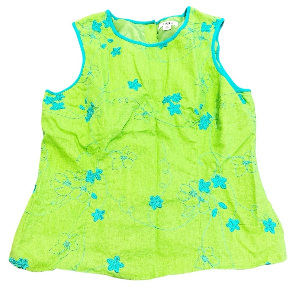 Y2K green and blue floral embroidered linen blend tank top size 14